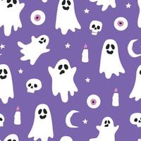 Halloween pattern with cute ghosts on purple background for nursery prints, textile, wallpaper, wrapping paper, craft projects, etc. EPS 10 vector