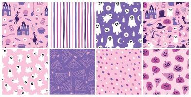 Halloween seamless patterns collection with cute doodles and abstract elements for wallpaper, textile prints, craft projects, wrapping paper, stationary, scrapbooking, digital paper and backgrounds vector