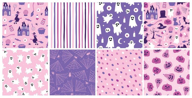 Halloween seamless patterns collection with cute doodles and abstract elements for wallpaper, textile prints, craft projects, wrapping paper, stationary, scrapbooking, digital paper and backgrounds