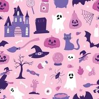 Halloween nursery pattern with cute doodles on pink background for wallpaper, scrapbooking, stationary, textile prints, digital paper, etc. EPS 10 vector