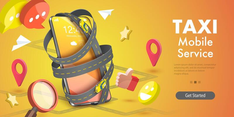 3D Isometric Conceptual Illustration of Mobile App for Taxi Ordering.