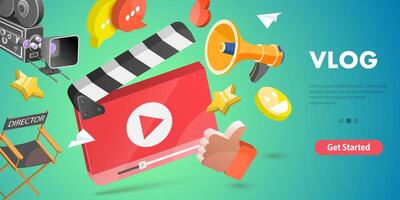3D Isometric Flat Conceptual Illustration of Vlog, Content Creating vector