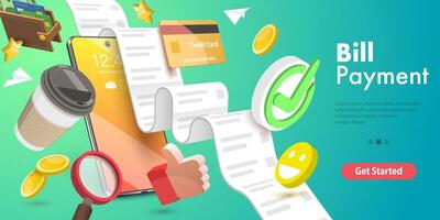 3D Conceptual Illustration of Bill Payment, Mobile Banking App. vector