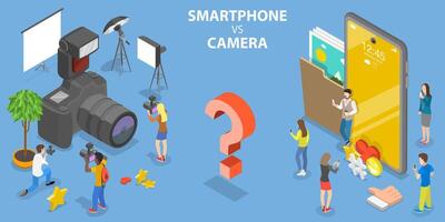 3D Isometric Conceptual Illustration of Smartphone VS Digital Camera. vector