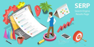 3D Isometric Conceptual Illustration of SERP - Search Engine Result Page. vector