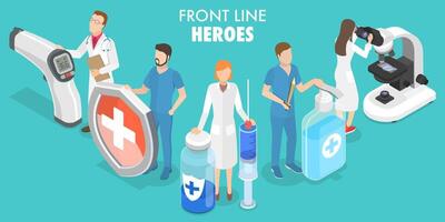 3D Isometric Flat Conceptual Illustration of Coronavirus Front Line Heroes. vector