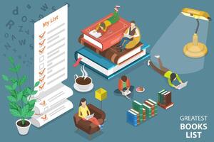 3D Isometric Flat Conceptual Illustration of Greatest Books List. vector