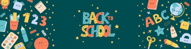 Back to school web banner. Office stationery elements background. School rectangular horizontal colorful banner. Cute funny educational characters pen, book, ruler, globe and text vector