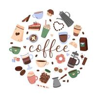 Coffee doodles set. Round design. Circle shaped illustration of morning coffee mug cappuccino, espresso, frappe and mocha, different beverages and desserts. Cute simple hand drawn elements vector