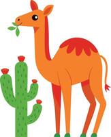 Colorful cartoon camel eating leaves near a cactus in a desert setting vector