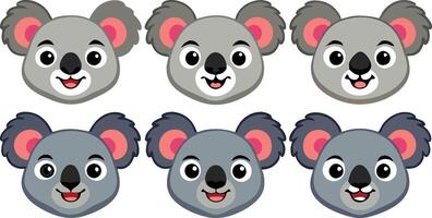 Set of six cartoon koala faces with various expressions in a cute and playful style vector