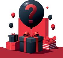 Mystery gift boxes with red ribbons and question mark balloon for festive occasion vector