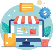 Illustration of online shopping with computer and storefront featuring ecommerce elements vector