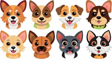 Collection of adorable cartoon dog faces in various breeds with playful expressions on a white background vector