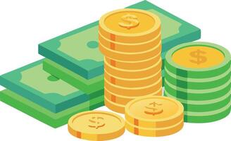 Stack of money, coins, and bills representing wealth, finance, and savings vector