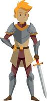 Cartoon medieval knight character with sword in armor standing confidently vector