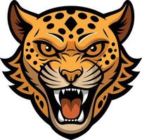 Fierce leopard face illustration in format with intense expression and sharp fangs vector
