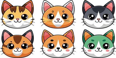 Collection of cute cartoon cat faces with different expressions on a white background vector