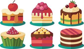 Colorful illustrations of various cakes with different toppings and designs vector
