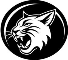 A black and white image of a cat with its mouth open and teeth bared vector