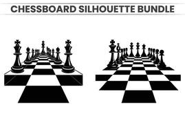 Chess pieces on a Chessboard silhouette Checkers bundle in black and on a white background. vector