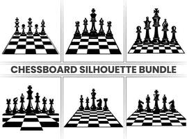 Chess pieces on a Chessboard silhouette Checkers bundle in black and on a white background. vector