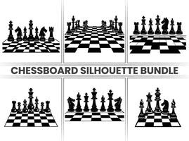 Chess pieces on a Chessboard silhouette Checkers bundle in black and on a white background. vector