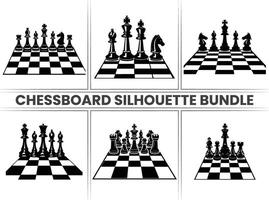 Chess pieces on a Chessboard silhouette Checkers bundle in black and on a white background. vector