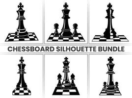 Chess pieces on a Chessboard silhouette Checkers bundle in black and on a white background. vector