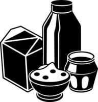 A black and white image of a carton of milk, a jar of jelly, a bowl, and a cup vector