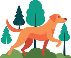 A dog is walking through a forest with trees in the background vector