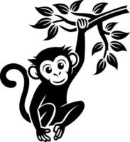 A black and white drawing of a monkey hanging from a tree branch vector