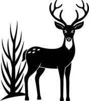 A deer stands in front of a tree with its antlers raised vector