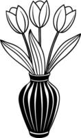 A black and white drawing of a vase with three tulips in it vector