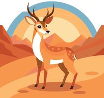 Illustration of a deer standing in a vibrant desert landscape with mountains and sun vector