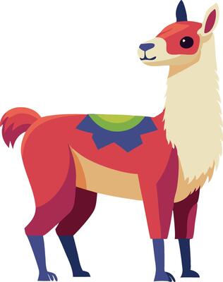 Colorful cartoon llama standing upright on white background