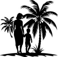 A woman and a child are walking on a beach near a palm tree vector
