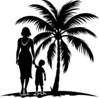 A woman and a child are walking on a beach next to a palm tree vector