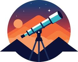 A telescope is shown in the center of a circle with mountains in the background vector