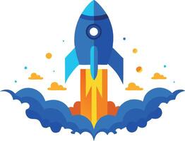 A blue rocket is flying through the sky with orange smoke trailing behind it vector