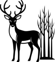 A deer stands in front of a forest of trees vector