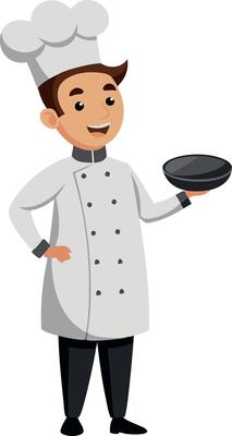 Cartoon chef holding a frying pan in a white uniform and smiling