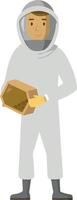 Illustration of a beekeeper in protective suit holding a honeycomb frame with honey vector