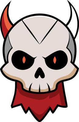 A skull with horns and red hair