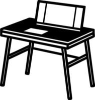 A black and white drawing of a desk with a laptop on it vector