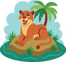 Illustration of a happy puma lounging on an island with palm trees and greenery vector