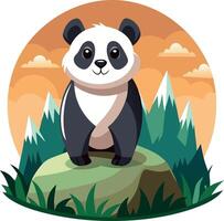 Cute cartoon panda standing on a rock with mountains and orange sky background vector