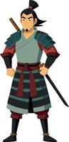 Samurai warrior character in traditional armor with sword and stern expression vector