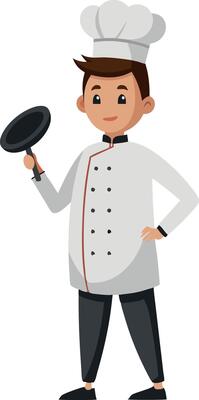 Cartoon chef character holding frying pan in white uniform and hat
