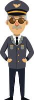 Cartoon character of experienced pilot in uniform with sunglasses and hat, standing confidently vector
